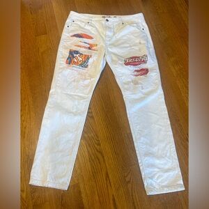 Born Fly “Anytown USA” Graphic Distressed White Jeans Size 38